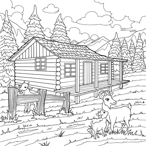 Log Cabin and Goats in the Mountains