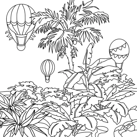 Tropical Scenery and Hot - air Balloons