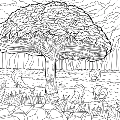 Sheep grazing under the tree
