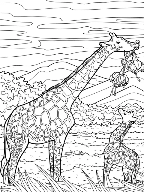 Mother - and - baby giraffes on the grassland