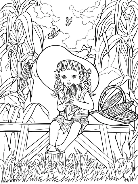 Little girl sitting on a wooden bench and eating corn