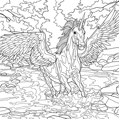 A winged unicorn in the stream