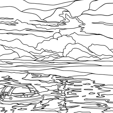 Lake view and boat under the sunset