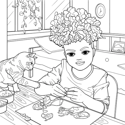 Little girl playing with clay with a cat