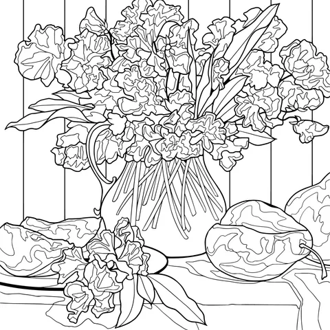 Still - life of colorful flowers in a vase and pears