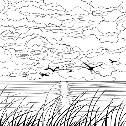 Seabirds and Reeds under the Sunset