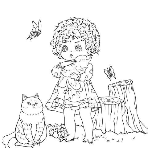 Little girl with teddy bear and cat