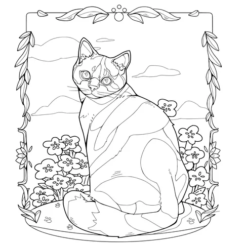 Tricolor Cat in the Flower Bed