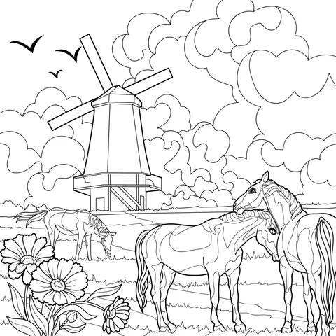 Windmill and Horses in the Countryside