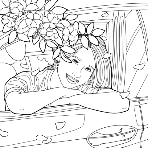 Woman leaning out of the car to enjoy the flowers