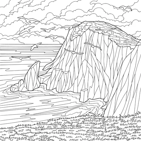 Cliff by the Sea and Flying Birds
