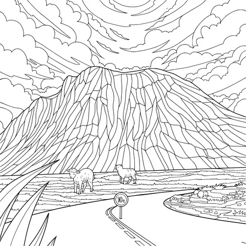 Mountain Road and Flock of Sheep