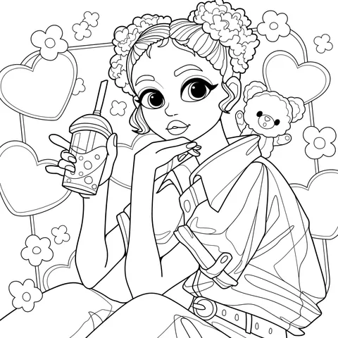 Girl holding a drink with a teddy bear doll