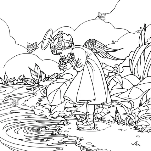Little angel smelling flowers by the water