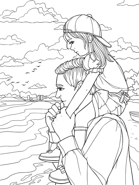 Warm time between father and daughter by the sea