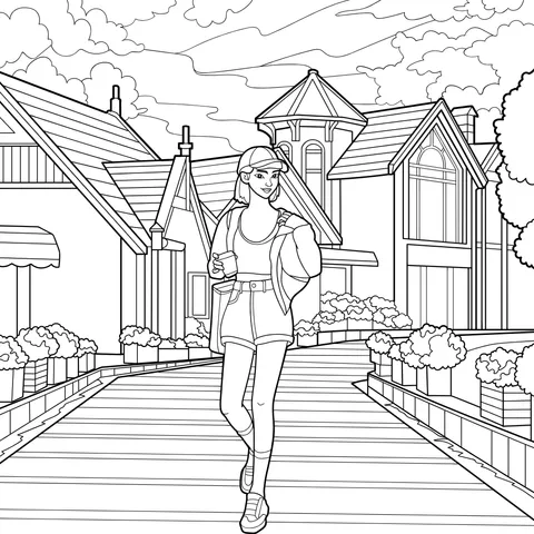 A Girl Strolling in a Colorful Town