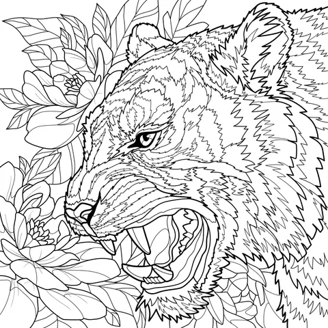 A Fierce - Eyed Tiger and Flowers