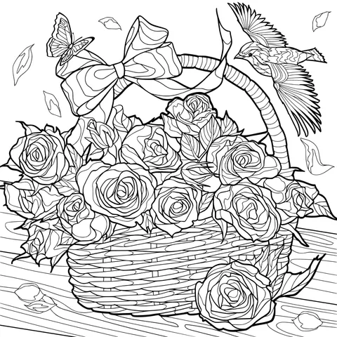 Cesto de flores e pássaros voando