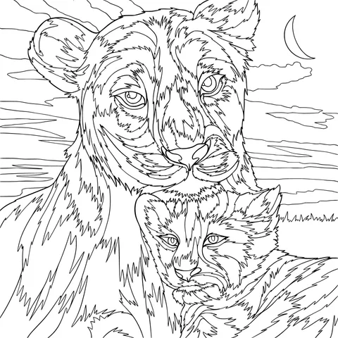 A Lioness and Her Cub under the Moonlit Night