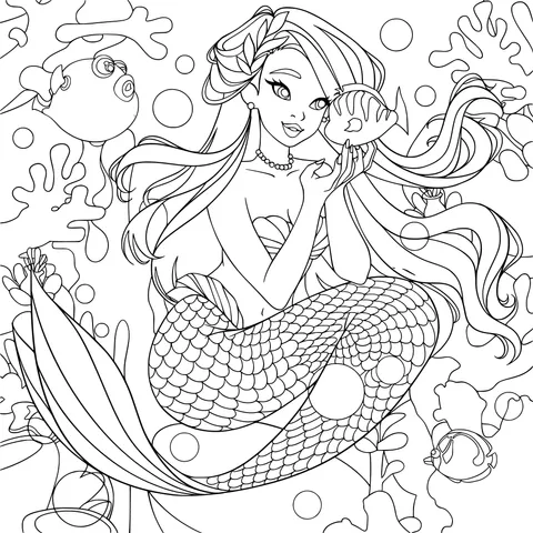A Beautiful Mermaid and Small Fish
