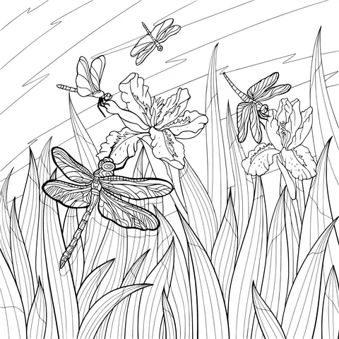 Irises and Dragonflies