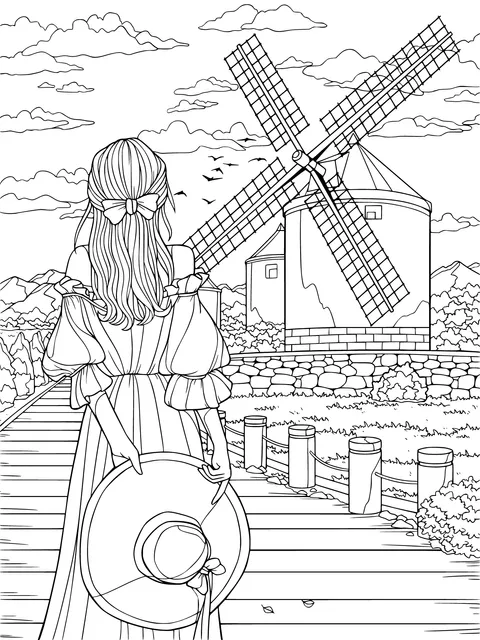 Woman in purple in front of windmill