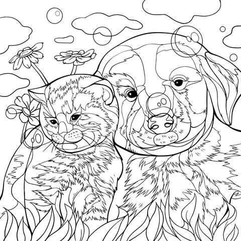 Cat and Dog on the Grass