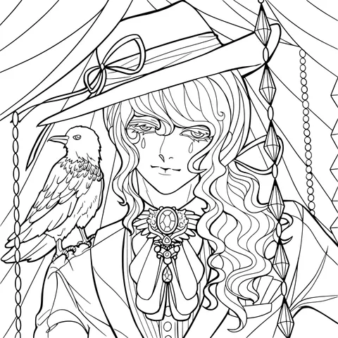 Melancholic Figure with a Hat and a Raven