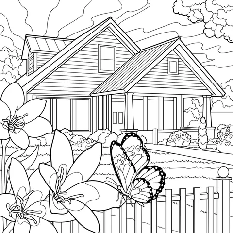 A Cozy Cottage Surrounded by Flowers and a Butterfly
