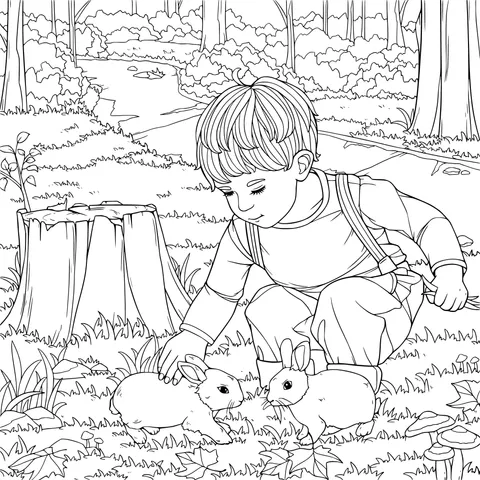 Boy petting rabbits in the forest
