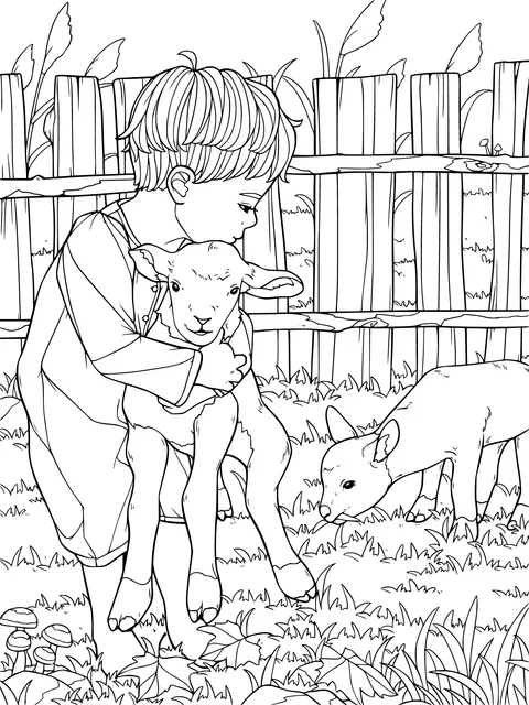 A Heart - warming Moment between a Child and Lambs
