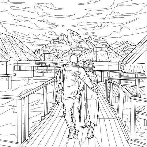 Couple Strolling on a Waterfront Boardwalk