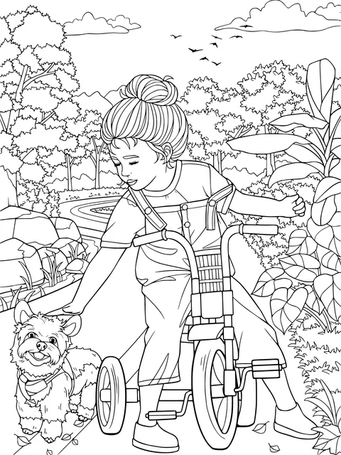 Girl riding a bike and petting a dog in the park