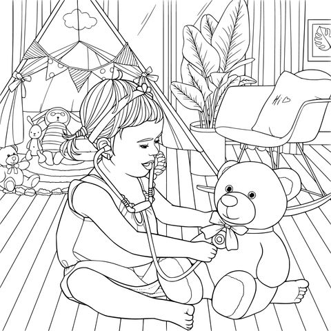 女の子がテディベアの心臓を聴く