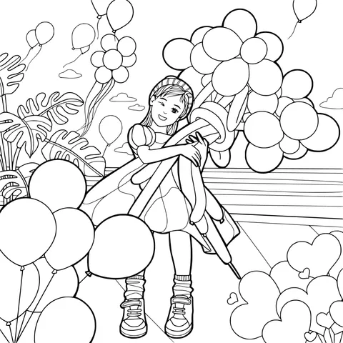 Girl holding a bouquet and balloons