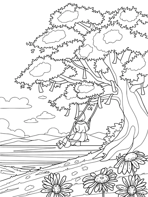 A girl swinging by a big tree under the sunset