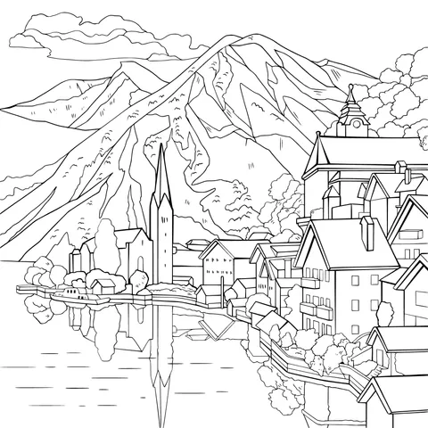 Scenery of a Mountain - side Town by the Lake