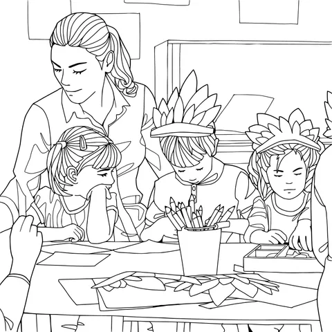 Teacher guiding children in handicrafts