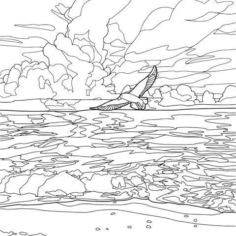 Seaside Sunset with Flying Bird
