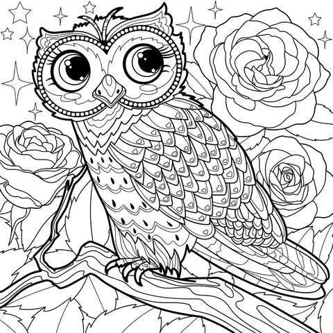 Colorful - feathered Owl on Flowering Branch