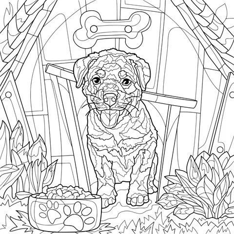 Puppy in front of the doghouse