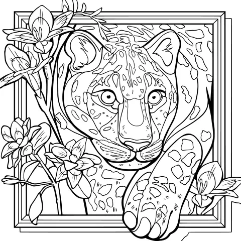 Leopard and Flowers in a Frame