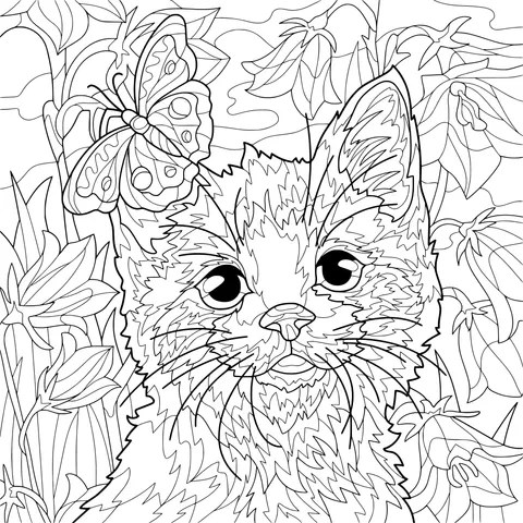 A Cat and a Butterfly in the Flower Bed