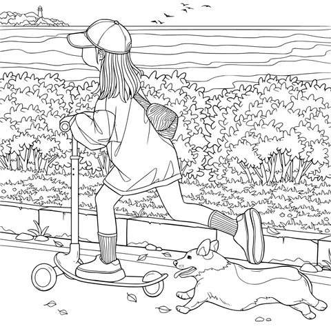 Girl riding a scooter by the seaside with a dog
