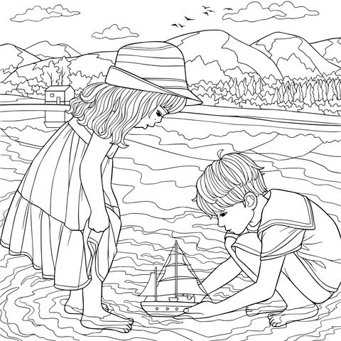 孩子们在水边玩玩具船