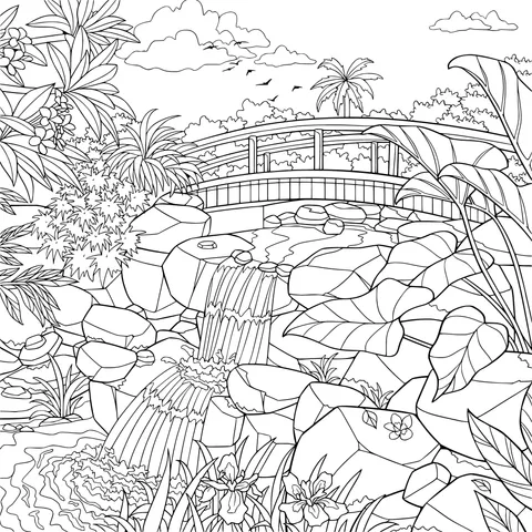 Small bridge and flowing water in tropical scenery