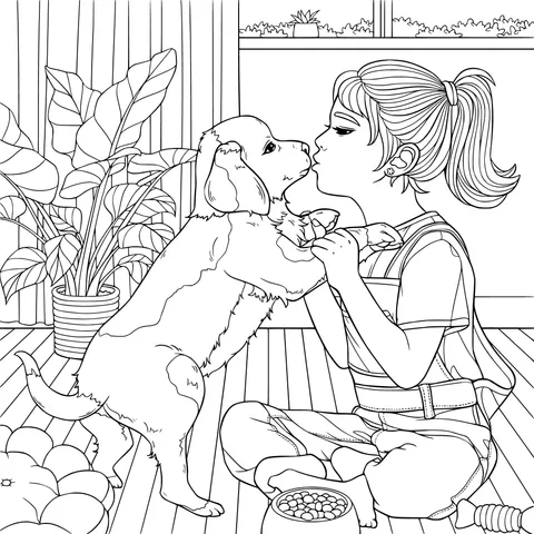 Intimate moment between a girl and a puppy