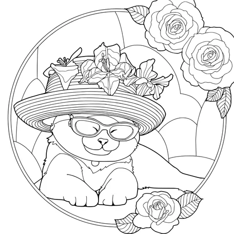 Cat wearing a flower - adorned hat and sunglasses