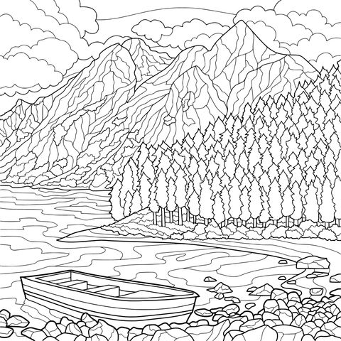 湖畔山景与小船
