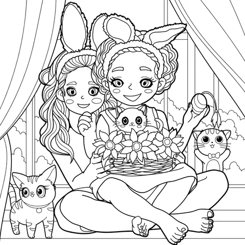 Girls with Bunny Ears Enjoying Time with Cats